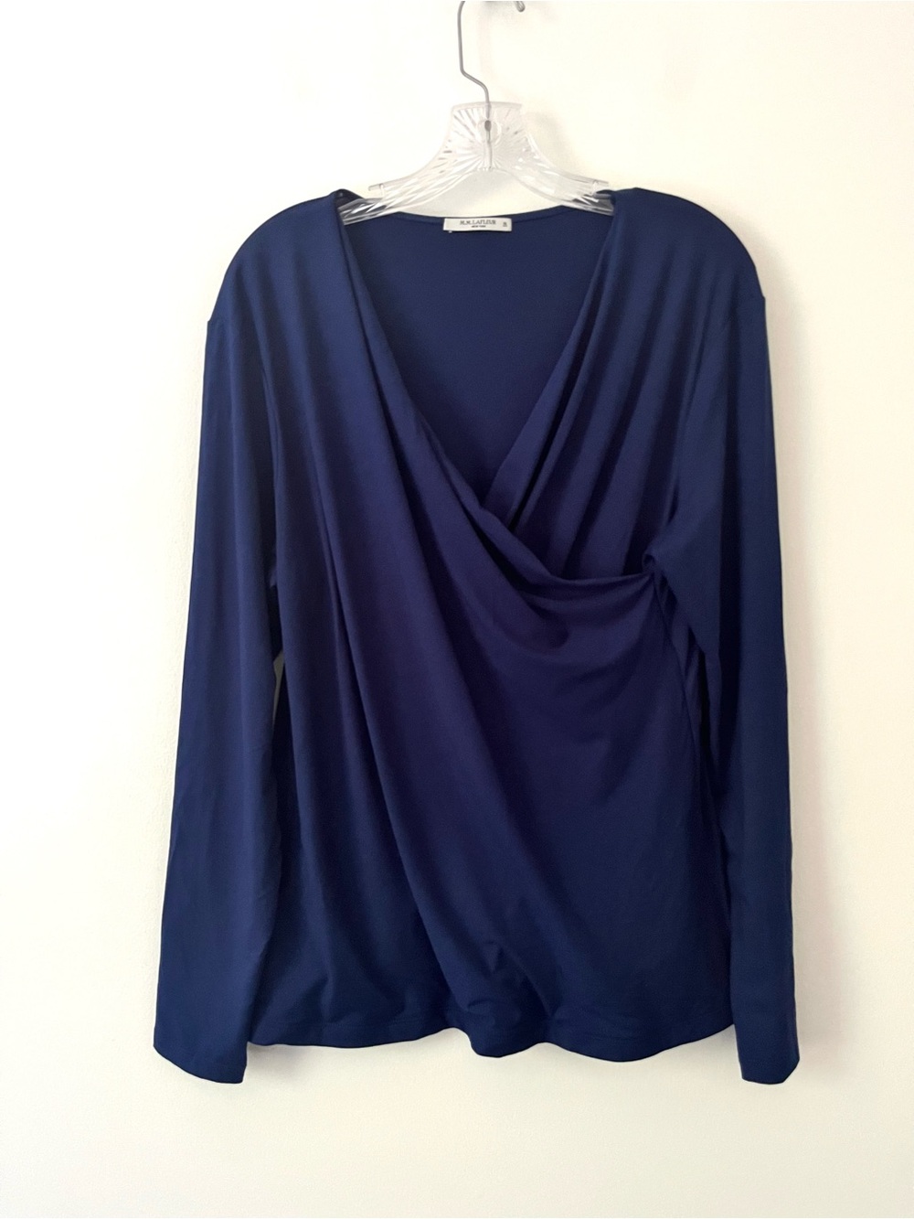 M.M.LaFleur The Deneuve Top Navy Blue Faux Wrap Draped V-Neck Blouse XL
